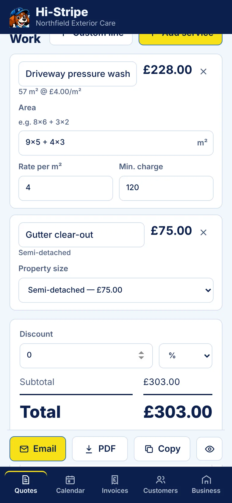 Building a quote: driveway measured as 9x5 + 4x3 for £228, gutter clear-out for a semi-detached at £75, total £303